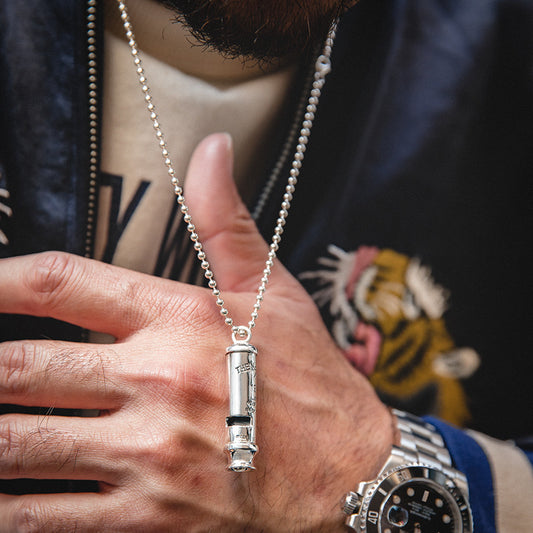Vintage 925 silver Whistle Blowing Pendant Necklace Male - 90s cord collection