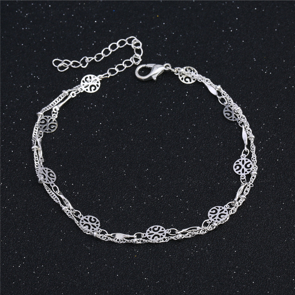 Bohemian Double-Layered Silver Anklet | Celestial Filigree Constellation Foot Chain