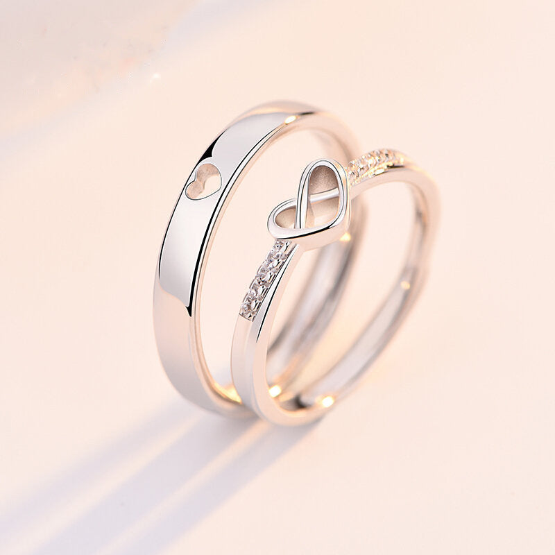 Matching Heart Couple Rings | Adjustable Platinum Tone Set