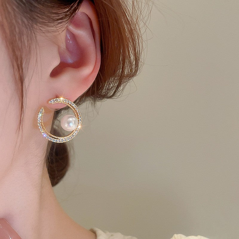 Ear Studs Pearl Niche Design Shiny Diamond