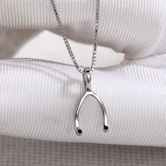 The Fortunate Arc – White Gold Plated Wishbone Necklace on Box Chain