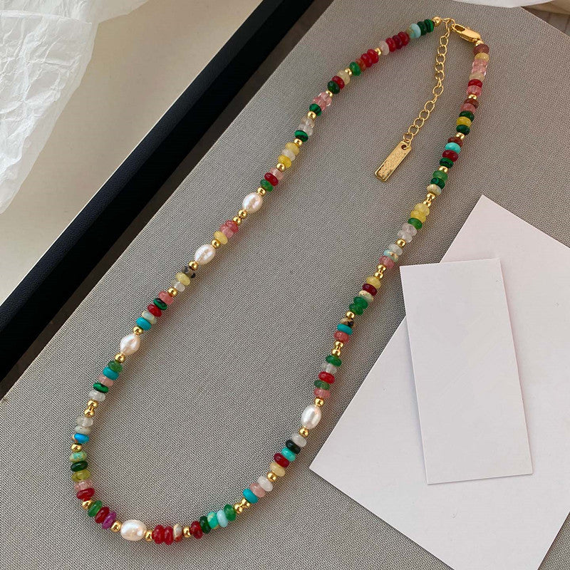 Colorful Dopamine Beaded Necklace and Natural Stone Pearl Bracelet