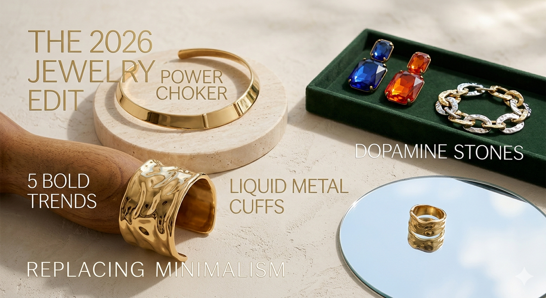 Model wearing sculptural liquid metal gold cuff with minimalist white blazer" or "Vibrant emerald dopamine stone earrings luxury boutique style."