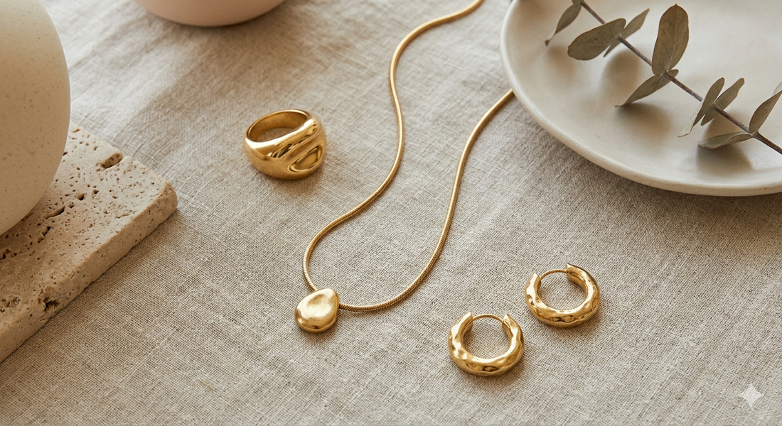 Three-piece minimalist gold jewelry capsule wardrobe - sculptural ring and necklace