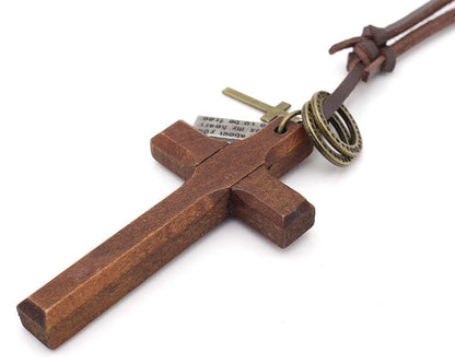 Natural Wood Cross 90s Cord Necklace with leather rope