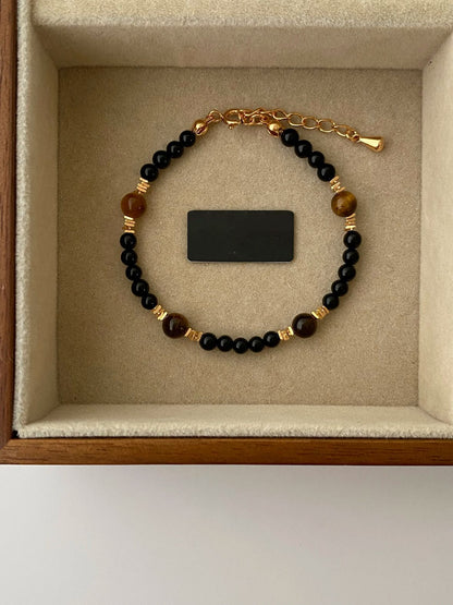 Tiger’s Eye & Black Onyx Protection Bracelet | Unisex Natural Stone Beaded Bracelet
