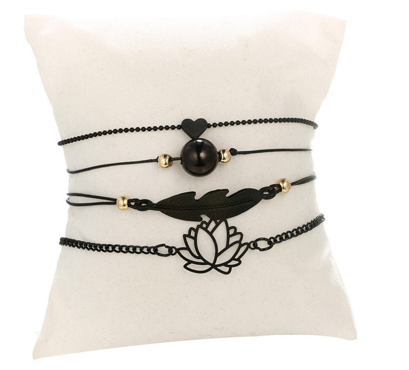 Midnight Zen Matte Black Bracelet Set | Bohemian Lotus & Feather Charms 4-Piece Stack