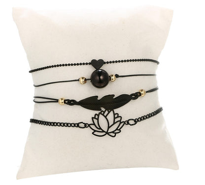 Midnight Zen Matte Black Bracelet Set | Bohemian Lotus & Feather Charms 4-Piece Stack