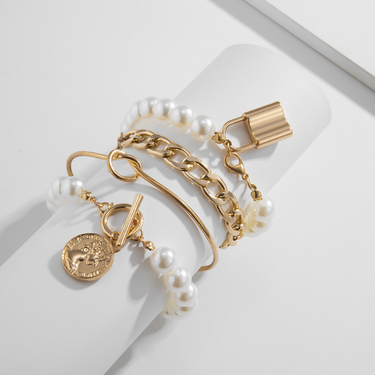 Regency Electroplated Alloy Bracelet Stack | Women's Simple Geometric Pearl-Style Charm Set