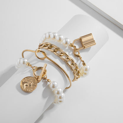 Regency Electroplated Alloy Bracelet Stack | Women's Simple Geometric Pearl-Style Charm Set