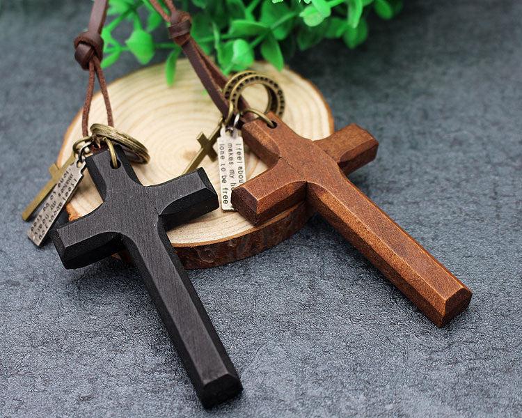 Natural Wood Cross 90s Cord Necklace with leather rope
