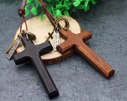 Natural Wood Cross 90s Cord Necklace with leather rope