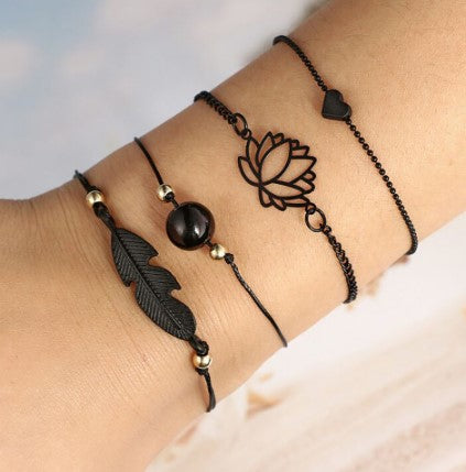 Midnight Zen Matte Black Bracelet Set | Bohemian Lotus & Feather Charms 4-Piece Stack