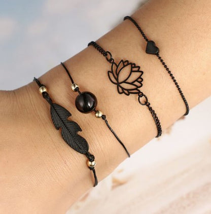 Midnight Zen Matte Black Bracelet Set | Bohemian Lotus & Feather Charms 4-Piece Stack