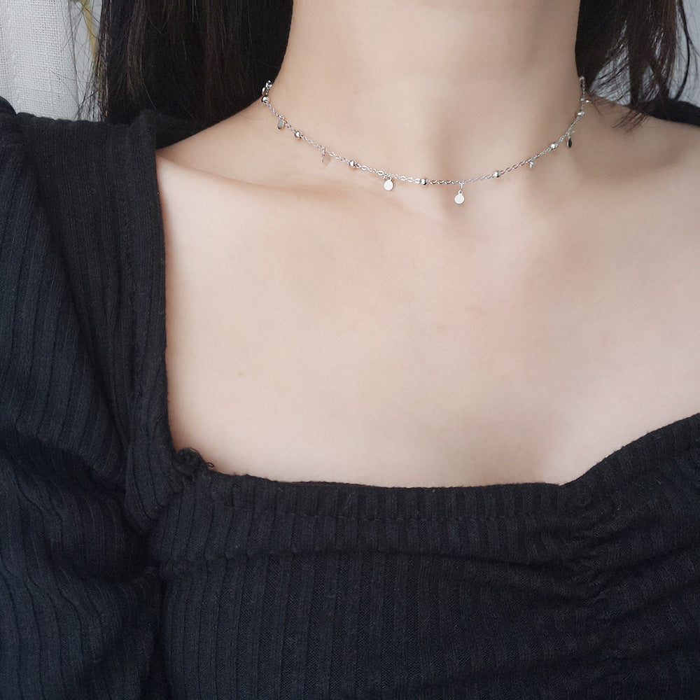 The Celestial Link Choker – Shimmering Silver Disc & Bead Droplet Necklace