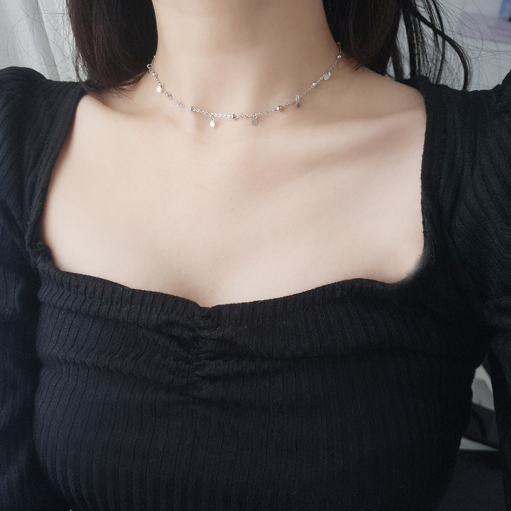 The Celestial Link Choker – Shimmering Silver Disc & Bead Droplet Necklace