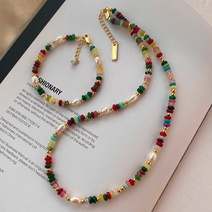 Colorful Dopamine Beaded Necklace  and Natural Stone Pearl Bracelet