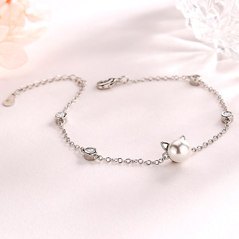 Korean Style Cat Pearl Charm Bracelet | Women's Electroplated Copper Dainty Chain
