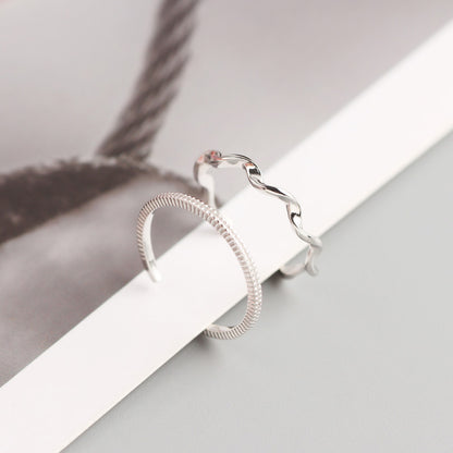 The "Tidal Duo" Ring Set | Textured Silver Stackable Rings | Fluid Geometric Open Rings