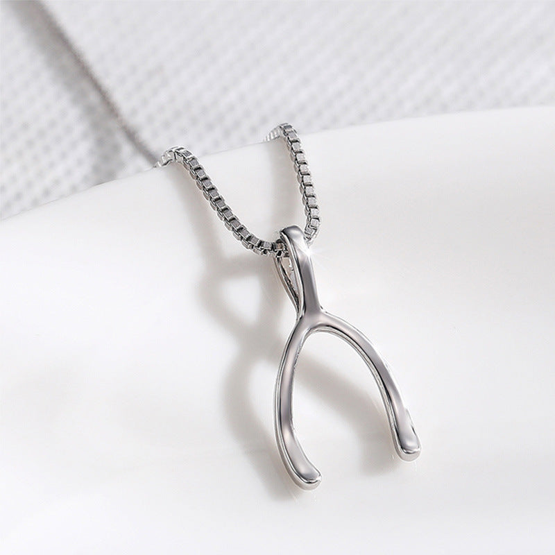 The Fortunate Arc – White Gold Plated Wishbone Necklace on Box Chain