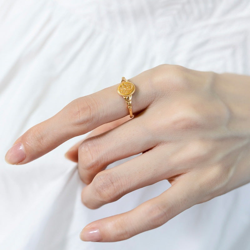 Ethereal Floral Engraved Signet Ring in Gold