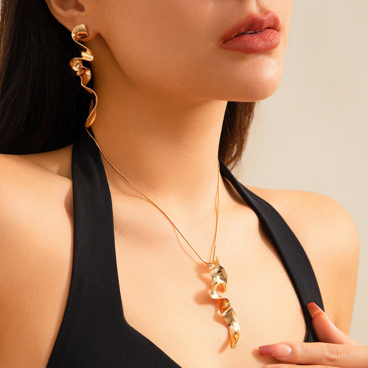 Liquid Metal Cold Wind Geometric Design Necklace Earrings