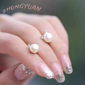 Cat-shaped Faux Pearl Stud Earrings