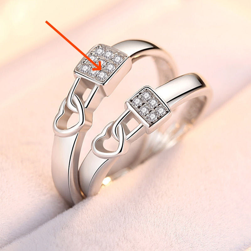 "The Bond" Matching Couple Rings | Cubic Zirconia Heart & Lock Promise Jewelry | Resizable