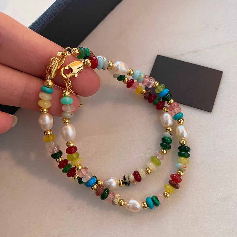 Colorful Dopamine Beaded Necklace  and Natural Stone Pearl Bracelet