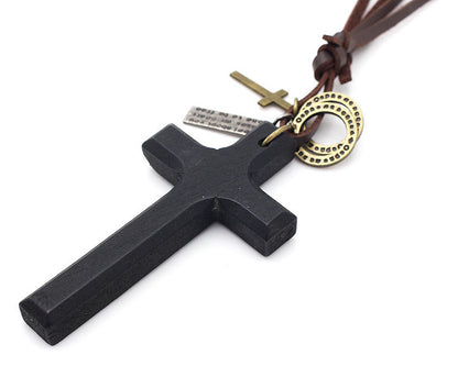 Natural Wood Cross 90s Cord Necklace with leather rope