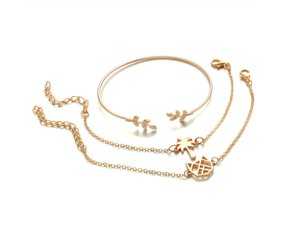 Botanical Bliss Stainless Steel Bracelet Stack | Unisex Rose Gold-Toned Cuff & Chain Set