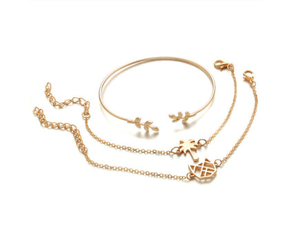 Botanical Bliss Stainless Steel Bracelet Stack | Unisex Rose Gold-Toned Cuff & Chain Set