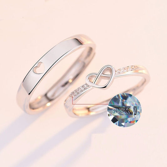 Matching Heart Couple Rings | Adjustable Platinum Tone Set