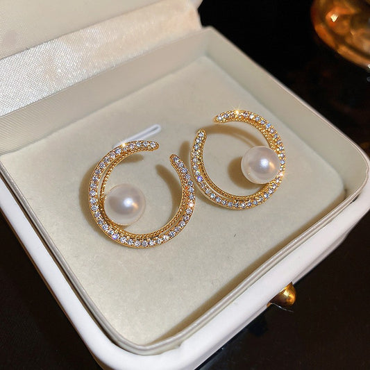 Ear Studs Pearl Niche Design Shiny Diamond
