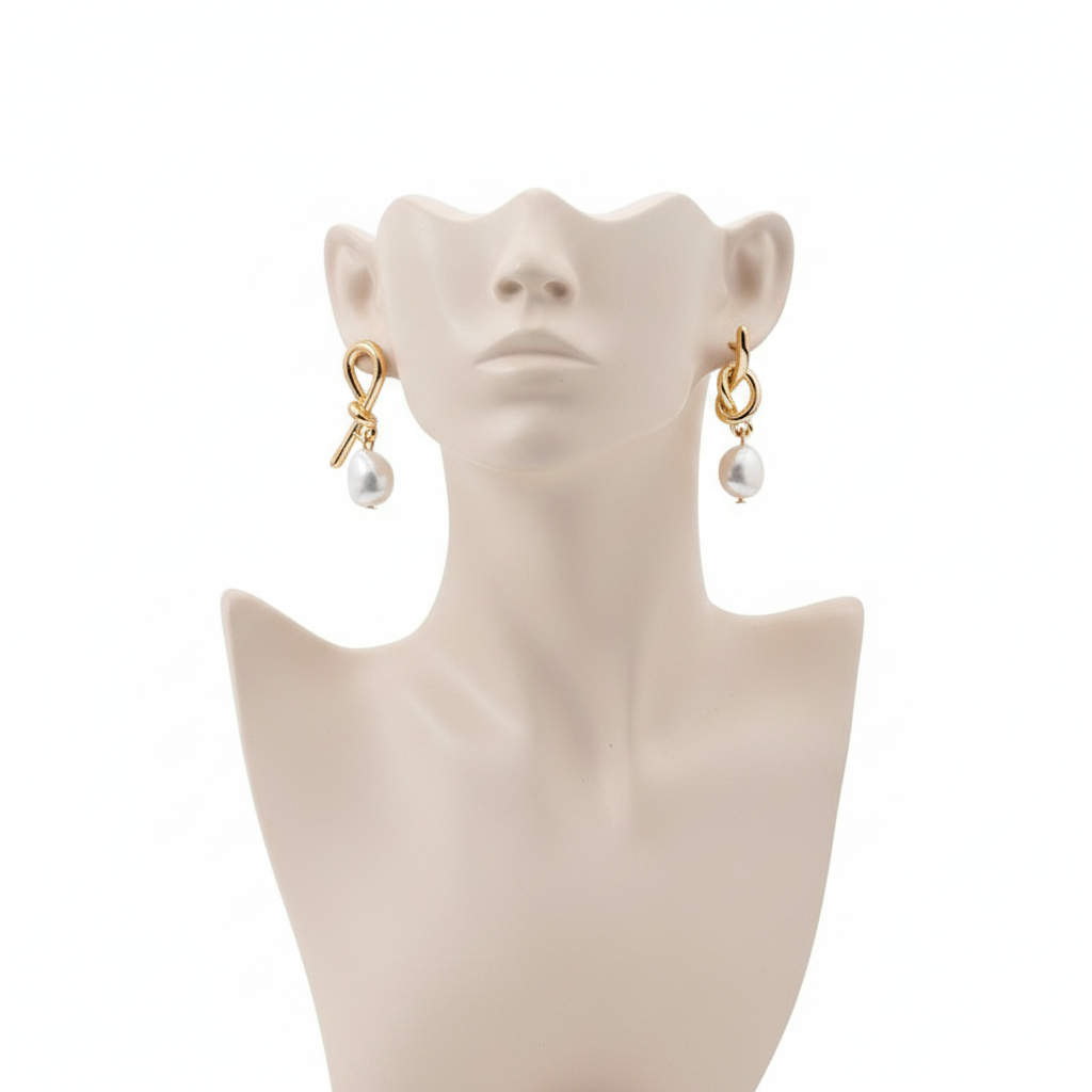 Elegant gold-toned knotted loop dangle earrings featuring large teardrop-shaped baroque pearls on a minimalist mannequin display.