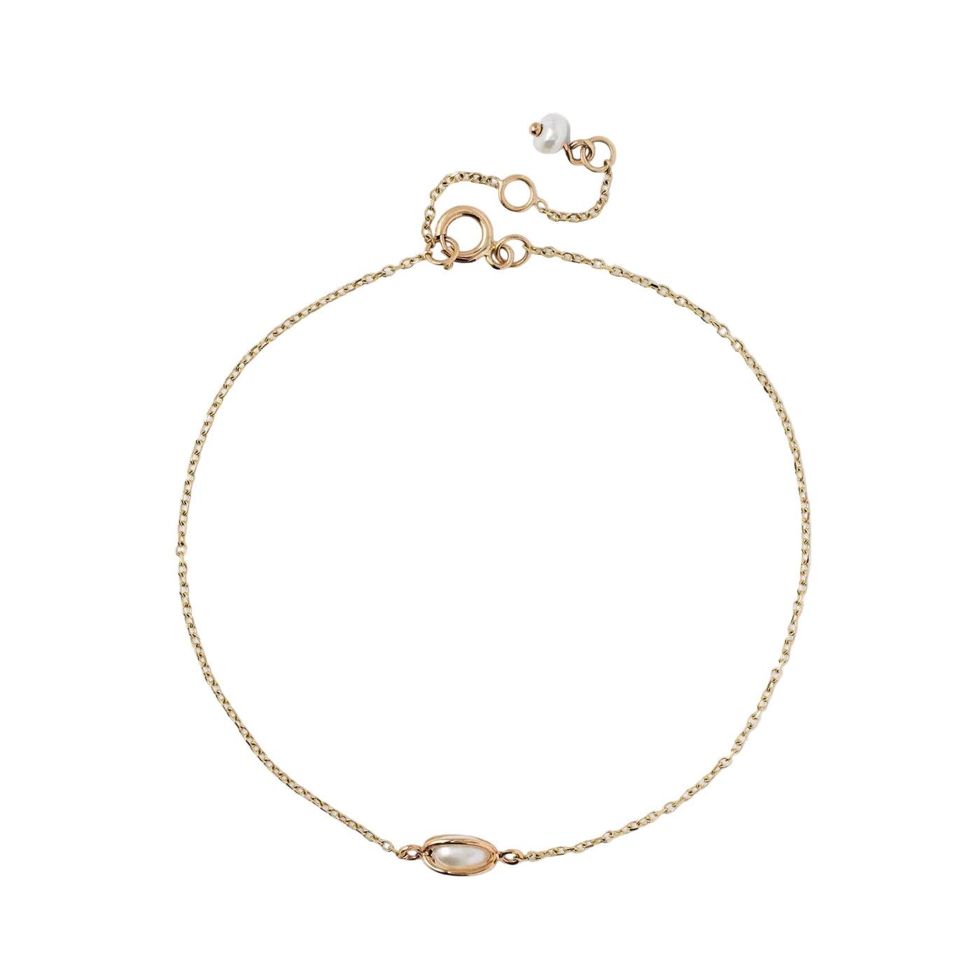 Fine gold-tone cable chain bracelet featuring a horizontal oval-set pearl charm and a small pearl dangle on the adjustable clasp, isolated on a white background.