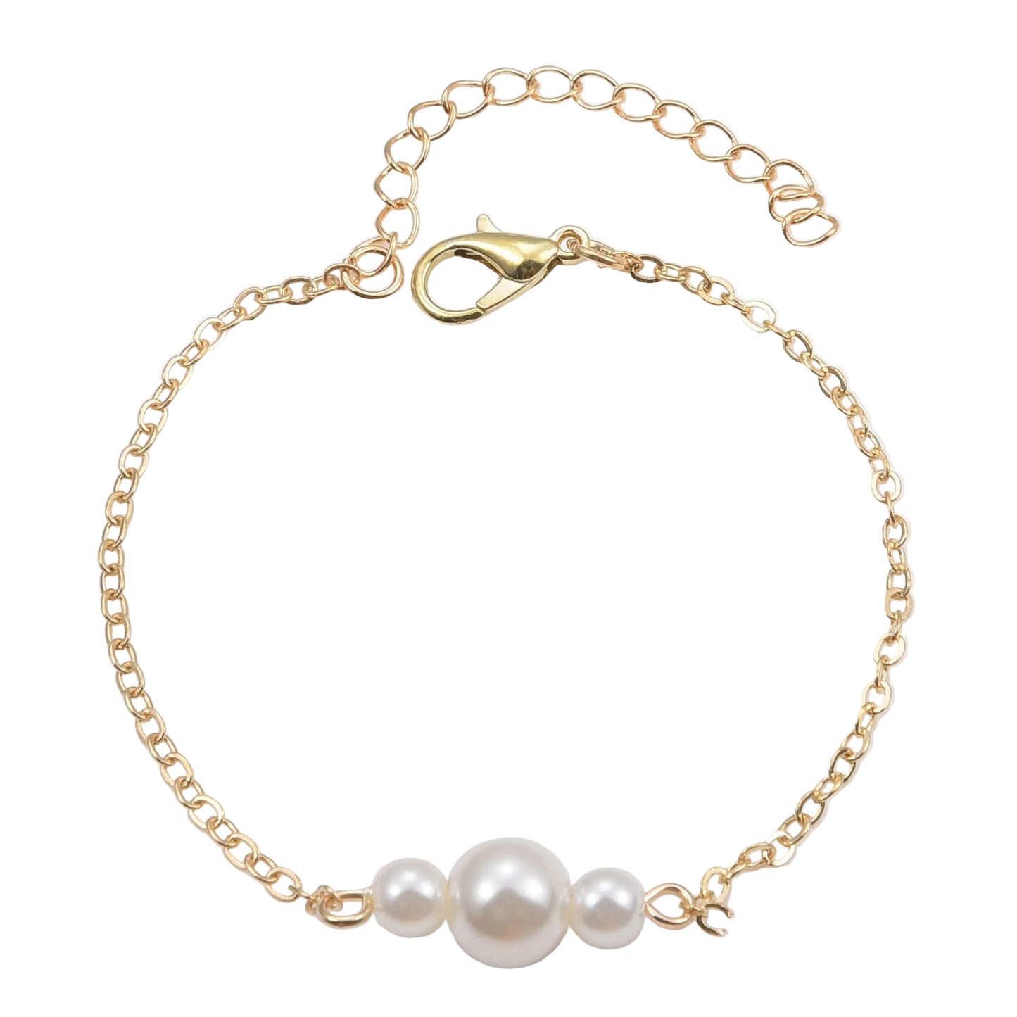 A delicate gold-tone link chain bracelet featuring three graduated white pearls at the center, secured with a lobster claw clasp and adjustable extender chain on a white background.
