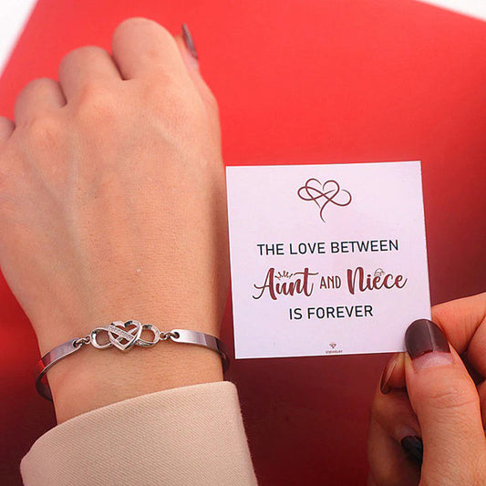 Minimalist gold and silver infinity heart bracelets displayed on personalized jewelry gift cards for Aunt, Niece, and Best Friend.