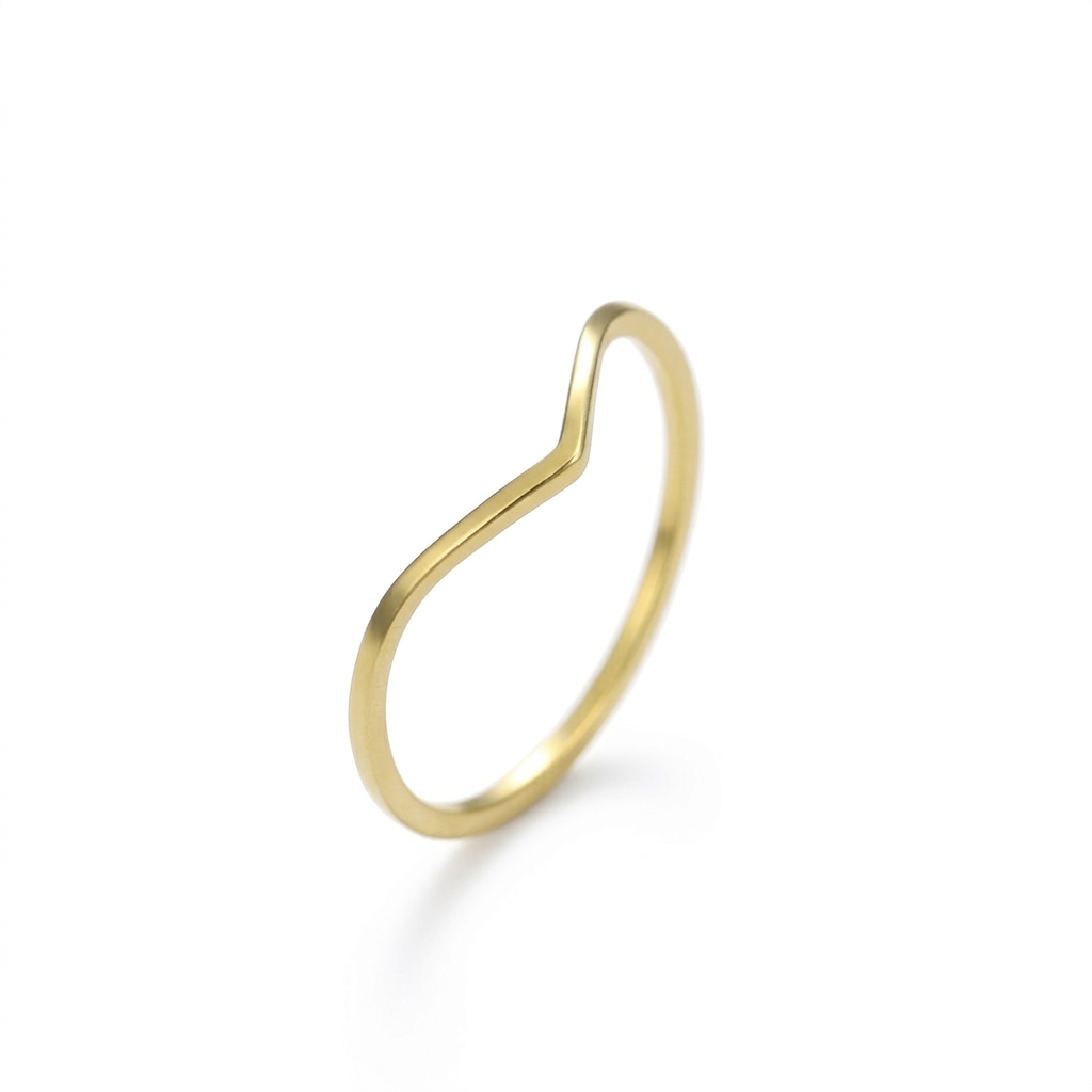 A sleek, 18k gold wavy V-shaped ring with a brushed matte finish, isolated on a pure white background for the MR BATZ luxury jewelry collection.