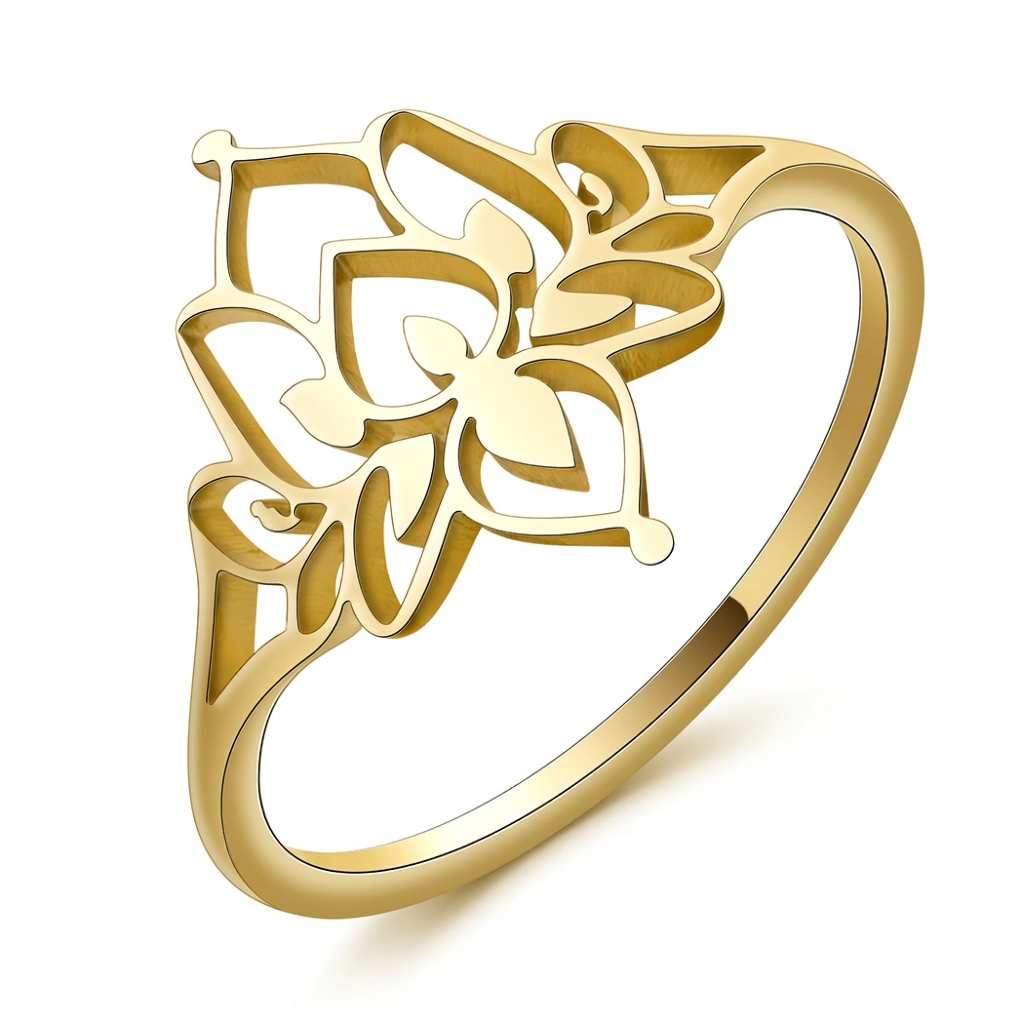 Delicate, detailed open-work filigree gold ring in a stylized lotus flower motif on a pure white background.