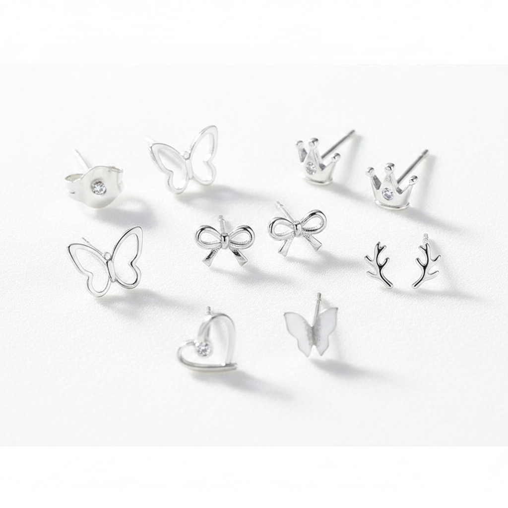 A high-resolution product shot of a collection of dainty sterling silver stud earrings in various shapes, including butterflies, crowns with small crystals, bows, antlers, and a heart, all displayed on a clean white surface.