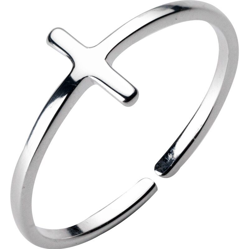 Minimalist polished silver sideways cross ring with an adjustable open-end band for a bespoke fit.