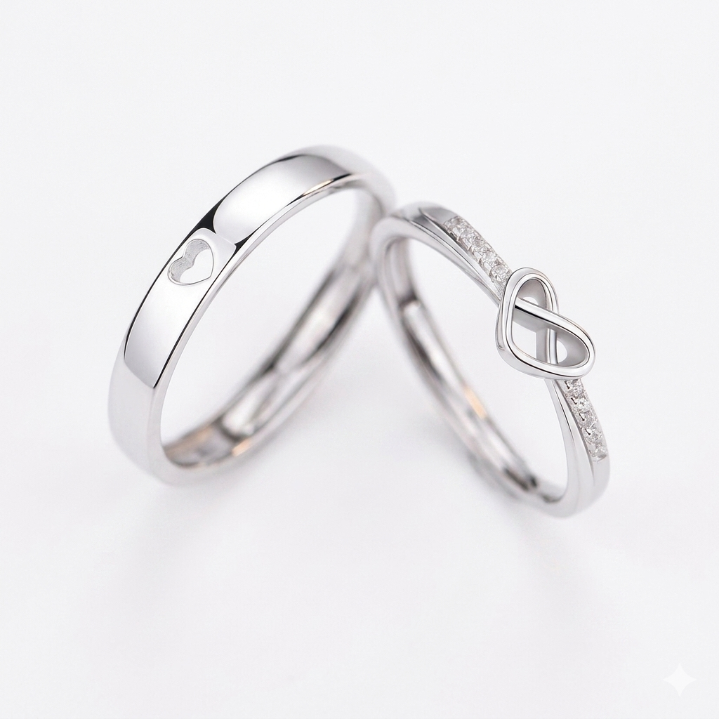 A high-quality product photo of a matching set of sterling silver rings on a plain white background. The ring on the left has a clean, polished band with a single heart cut-out. The ring on the right is more detailed, featuring a band set with small cubic zirconia stones and an intertwined heart and infinity loop motif at the top. The rings are posed close together in a diagonal composition.