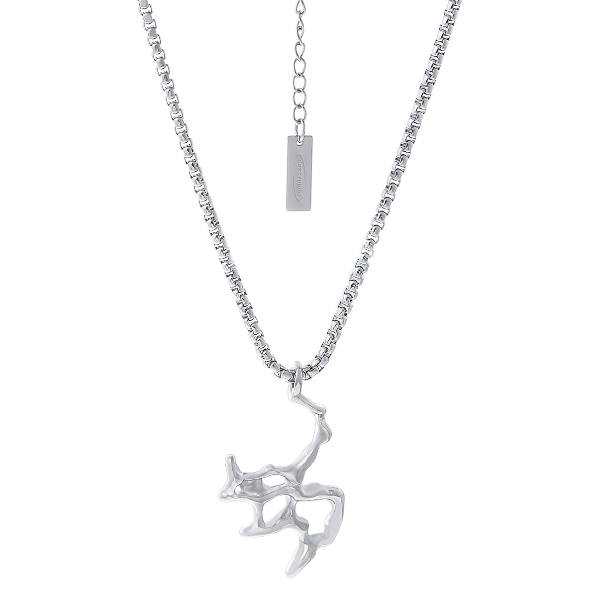 A minimalist silver-toned necklace featuring an abstract liquid-metal pendant on a sleek box chain, isolated on a clean white background.