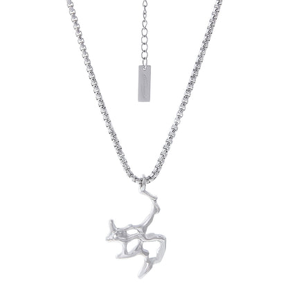 A minimalist silver-toned necklace featuring an abstract liquid-metal pendant on a sleek box chain, isolated on a clean white background.