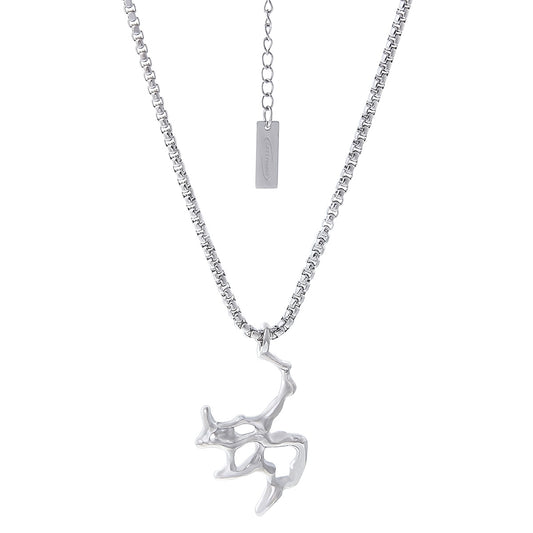 A minimalist silver-toned necklace featuring an abstract liquid-metal pendant on a sleek box chain, isolated on a clean white background.