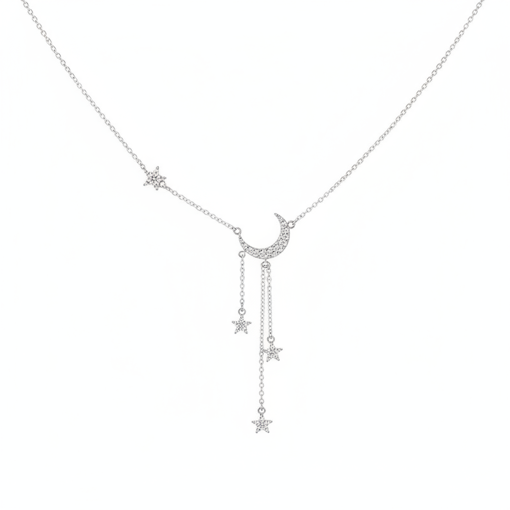 A delicate silver-tone Y-shaped necklace featuring a pave-set crystal crescent moon center with three dangling star charms on fine chains, shown against a clean white background.
