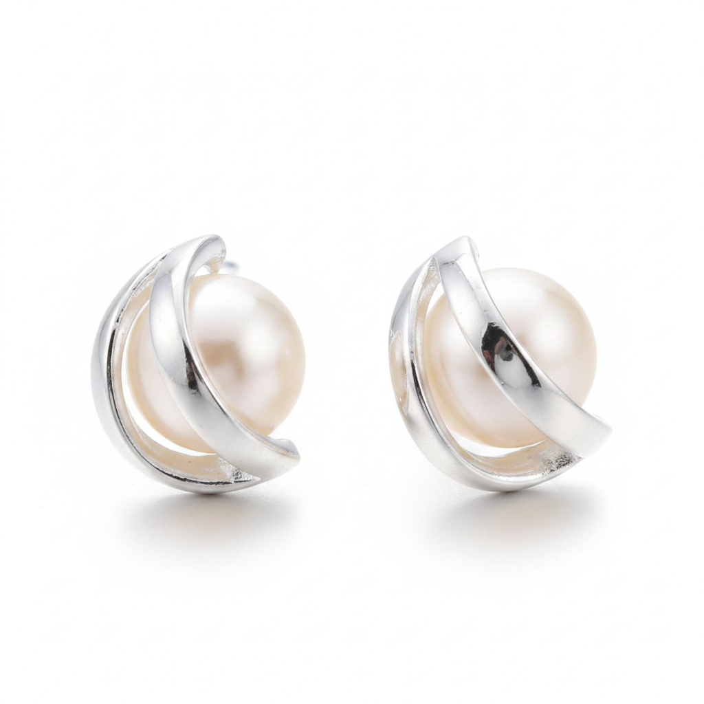 Pair of silver-tone stud earrings featuring a large cream-colored round pearl cradled in a modern, open-circle orbital frame on a clean white background.