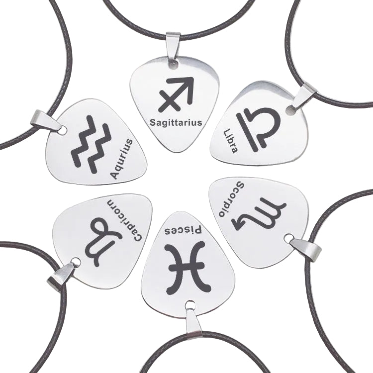 Six silver-tone guitar pick pendants featuring engraved black zodiac symbols for Sagittarius, Libra, Scorpio, Pisces, Capricorn, and Aquarius on adjustable black cords.