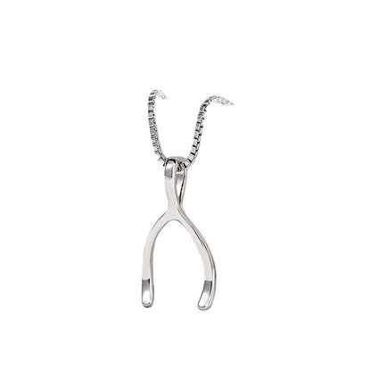 Polished silver wishbone pendant on a sleek box chain necklace, minimalist jewelry for women, white gold finish.